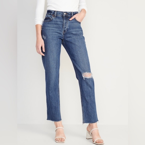 High Waisted Button Fly Slouchy Straight Ripped Jeans Size 12 Regular Length - Picture 1 of 8